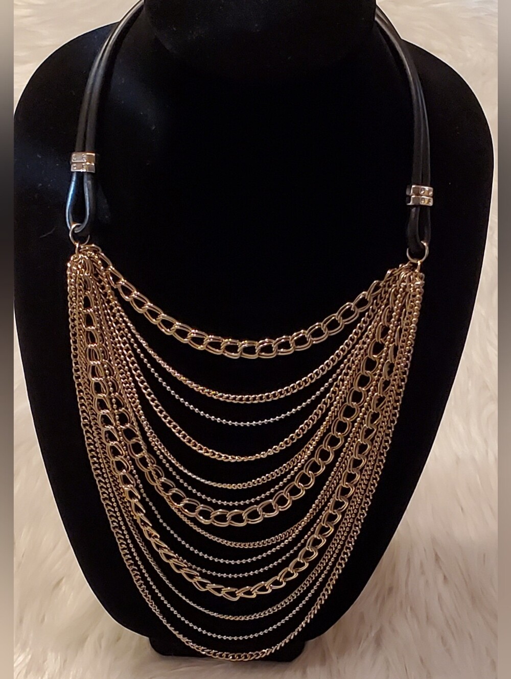 ​WHBM Gold Tone Multi Strand Waterfall Chain Bib Statement Necklace Edgy Chic